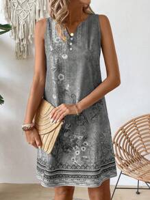 SHEIN LUNE 女士夏季復古印花無袖度假連衣裙 - 灰色 - 查看 4
