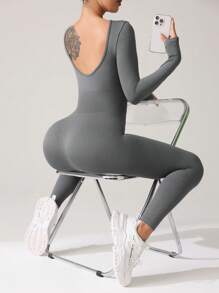 SHEIN Sport Studio Mono informal con escote en la espalda de unicolor, de moda y sencillo para uso diario