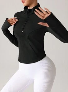SHEIN Women Zip Front Long Sleeve Simple Active Casual Jacket, Sports & Yoga - Black - View 6