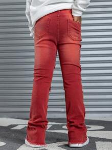 SHEIN 青少年男孩时尚休闲复古红色牛仔街头时尚混搭毛边设计弹力牛仔裤，适合男孩日常服装和秋冬童装 - 紅色 - 查看 2