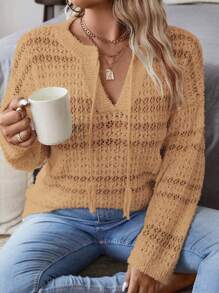 Calvaya Plus Size Casual Solid Color Hollow-Out Knitted Sweater