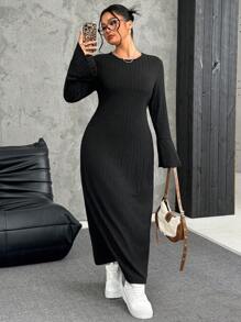 SHEIN EZwear Plus Size Women Casual Solid Color Long Sleeve Asymmetrical Hem Long Dress, Autumn/Winter