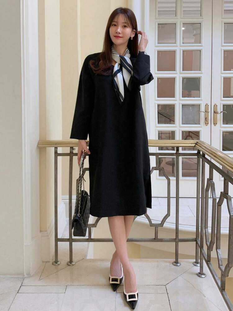 Women Solid V-Neck Mid-Sleeve Simple Casual Midi Dress