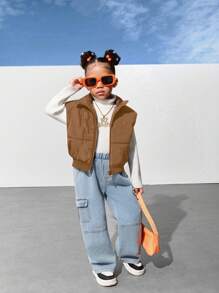 SHEIN Explorewe Áo ba lỗ crop top không tay, dáng rộng thoải mái, khóa kéo cho bé gái, phong cách đường phố sang trọng, tối giản - màu nâu - Xem 5