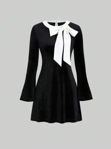 Sweetra Women's Black Velvet Color Block Bowknot Waisted Mini Dress, Fashion Elegant Slim Fit Short Luxurious Party Dress