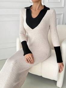 Chiquease Women's Solid Color Patchwork Long Sleeve Casual Long Dress Fall Cloth For Women - Apricot - View 7