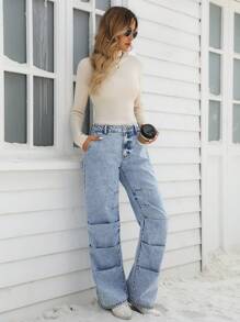 SHEIN LUNE Jeans rectos de cintura baja de unicolor y pliegues, de uso versátil y casual - Lavado ligero - Ver 3
