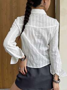DAZY Women's Striped Turn Down Collar Short Fitted Shirt, White, Spring/Summer,Fall Clothes Long Sleeve Top - White - View 2