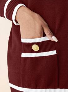 BizChic 大码撞色针织开衫，带口袋，休闲简约时尚，适合日常穿着 - 酒紅色 - 查看 4