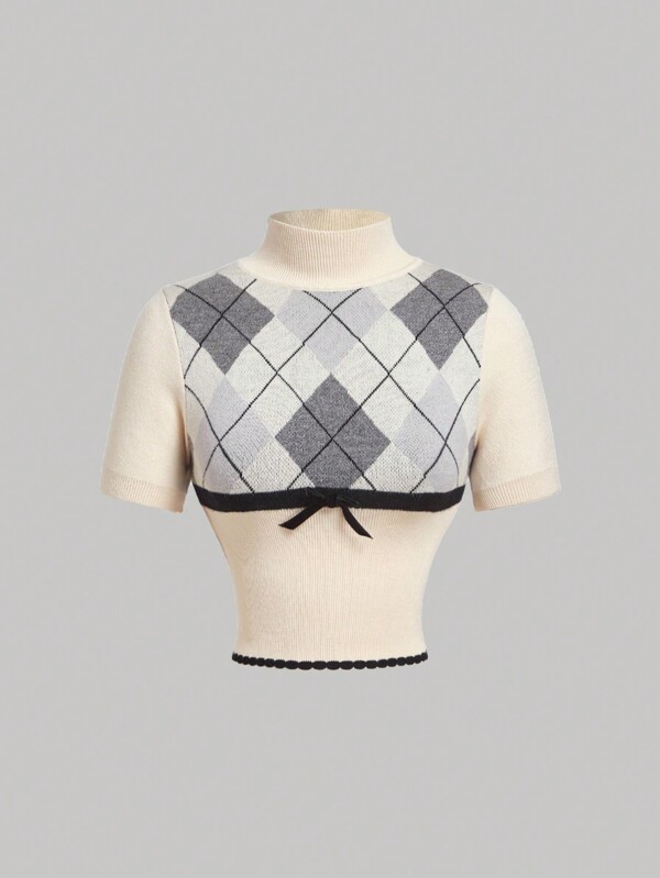 SHEIN MOD Stand Collar Two-Tone Houndstooth Fitted Elegant Short-Sleeved Knitted Sweater, Winter Sweater, Layered Sweater, College Sweater, New Year's Clothing