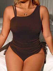 SHEIN Swim Curve Plus Size 1pc Solid Color Ribbed Fabric Off-Shoulder Drawstring Ruched Slimming Swimsuit For Women Summer