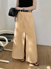 INAWLY Gonna Casual da Donna con Pieghe e Spacco sul Fondo - Cachi - Visualizzare 6
