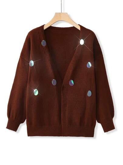 SHEIN LUNE Plus Size Women's Solid Color Knitted Sequin Embellished Long Sleeve Cardigan, Casual Minimalist Style For Autumn/Winter