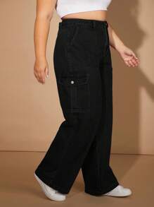 SHEIN EZwear Plus Size Damskie Zniszczone Czarne Proste Nogawki Jeansowe Z Kieszeniami