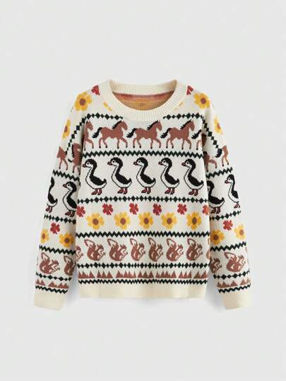Fairycore Pull col ras-du-cou à manches longues avec imprimé mignon tout-sur-tout de campagne