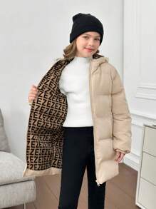 SHEIN Tween Girl 休闲连帽几何文字印花加厚保暖内衬长款夹克 - 卡其色 - 查看 8