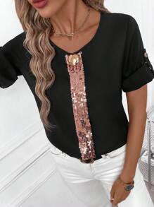 SHEIN Clasi Women's Leopard Print Patchwork Metal Decoration Elegant Casual Round Neck Short Sleeve Shirt - Multicolor - View 6