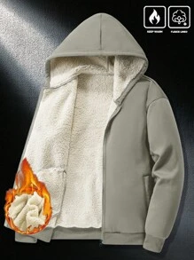Manfinity Homme Men's Casual Solid Color Thermal Lined Hoodie, Winter - Grey - View 5