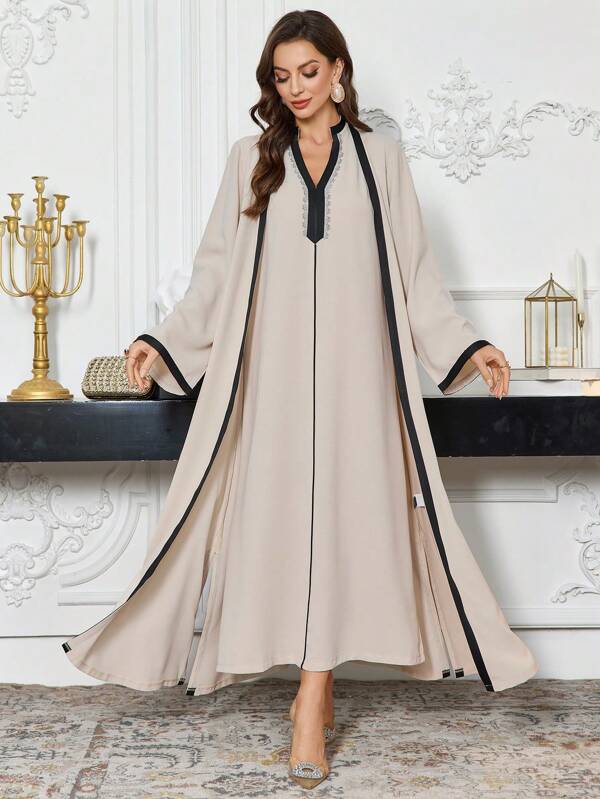 Al Najma Women's Contrast Color Trimmed Long Sleeve Jacket And Casual Dress 2 Pieces Set 2 Pieces Set