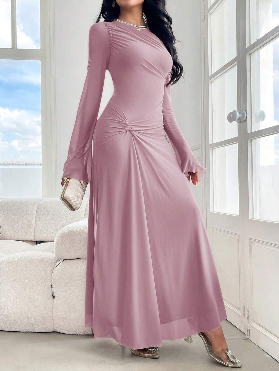 Modelyn Dusty Pink Women Solid Color Asymmetrical Collar Long Sleeve Dress, Elegant Long Evening Dresses Dinner Autumn - Pink - View 1