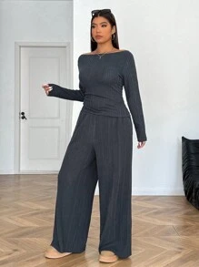 SHEIN EZwear 大码纯色斜肩长袖休闲上衣和裤子套装，女士冬装