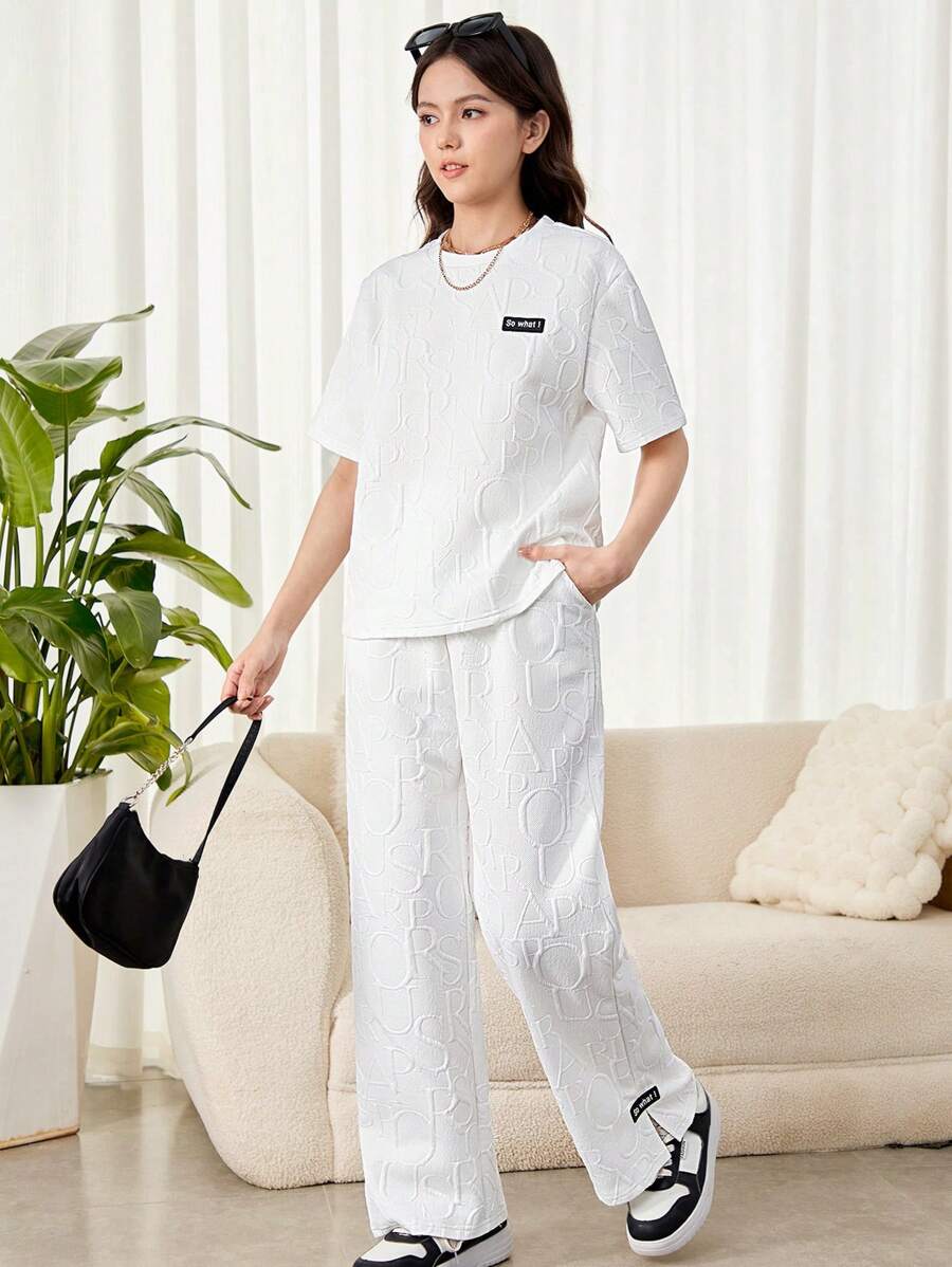 SHEIN 少女白色針織提花質感側開衩寬鬆T恤和寬鬆褲套裝，適合休閒街頭穿搭 - 白色 - 查看 1