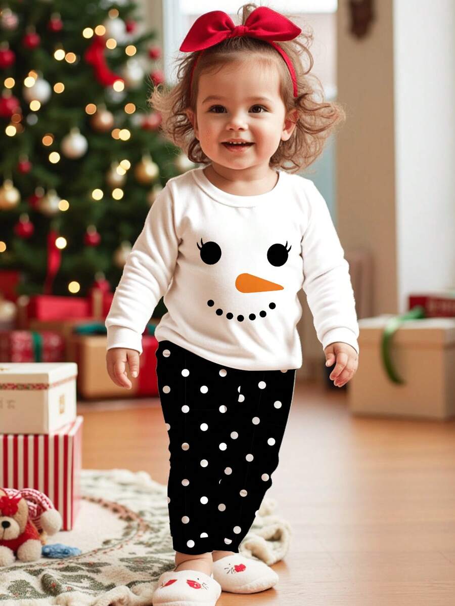 SHEIN Cute Christmas Snowman Printed, Versatile, Party Outfit, Christmas Gift, Baby Girl Casual Minimalist Comfy Long Sleeve Top And Pants Homewear, Suitable For Autumn/Winter, Snug Fit, Christmas Girls Outfits, Christmas Baby Girl Clothes - Multicolor - View 1