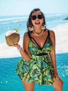 Swim Lushoire Plus Size Women 2pcs Adjustable Strap Tropical Plant Printed Slimming Casual Holiday Pool Beach Tankini Swimsuit Summer