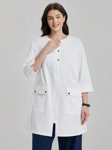 TaskEZ Plus Size Women's Solid Color Round Neck 3/4 Sleeve Utility Pocket Casual /Nursing Uniform Jacket  Laboratory Coat/White Coat Women's Solid Color Flat Collar Button Front Long Sleeve Pockets Regular Jacket, Lab Coats Set Scrub Set Nurse Dresses Scrub Tops Scrub Bottoms Lab Coats Scrub Outwear
