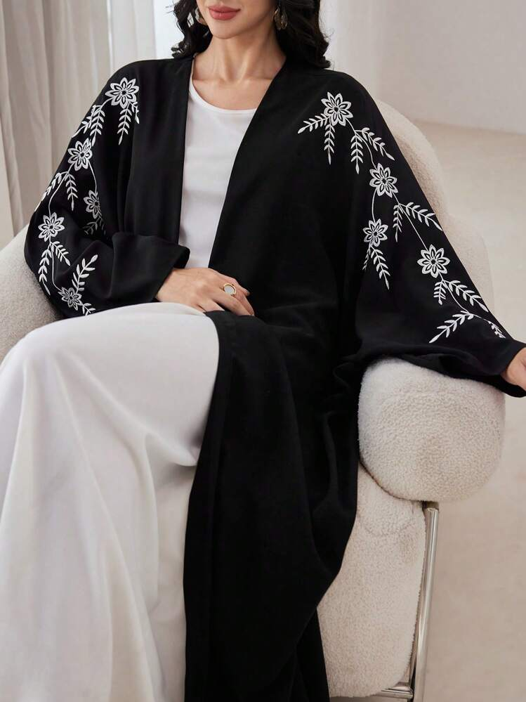 عبايه طويلة الأكمام مطرزة بزهور أنيقة قطعة واحدة، جلابيات بسيطة موديسة مفتوحة، للاستخدام اليومي والحفلات