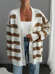 Women Button Front Drop Shoulder Loose Oversize Hairy Yarn White And Camel Stripes Cardigan