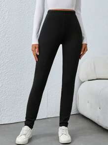 SHEIN Tall Black Thermal Lined Long Slim Fit Casual Leggings For Tall Women, Winter