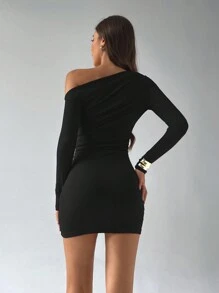 Aloruh Women's Solid Color Christmas Party Mesh Form-Fitting Mini Red Dress - Black - View 3