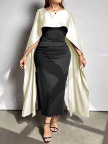 Celure Farbblockkleid mit Kontrastfarben in Große Größen für Damen, Maxikleid-Outfit