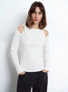 Maija Women's White Casual Solid Color Twist Cutout Off Shoulder Long Sleeve T-Shirt Top, Versatile For Autumn/Winter