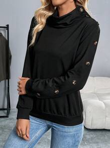 Chiquease Casual Solid Color Drop Shoulder Long Sleeve Sweatshirt, Versatile For Autumn Pullover Fall Outfit - Black - View 6