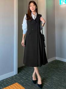 DAZY Vestido elegante de mujer con cuello en V sin mangas y botones, y chaleco, ropa de otoño