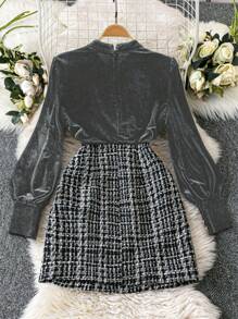 SHEIN LUNE 优雅天鹅绒 & 粗花呢拼布长袖连衣裙，秋冬 - 灰色 - 查看 2