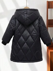 Young Girl Plain Color Thermal Lined Hooded Zip-Up Long Sleeve Padded Coat, For Winter