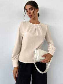 Firerie Camisa Branca Feminina de Manga Longa com Gola Plissada, Ajustada, Estilo Minimalista para Deslocamento, Escritório, Volta às Aulas - Damasco - Visão 6