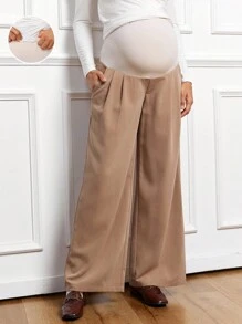 SHEIN Adjustable Waist Maternity Loose Fit Color Block Wide Leg Pants - Khaki - View 1