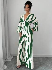 Calvaya Combinaison pour femme à imprimé noir et blanc asymétrique froncée, combinaison pour femme à taille haute et jambes larges, combinaison décontractée ample pour les femmes de tous les jours