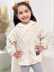 SHEIN Young Girl Fall/Winter Clothes  Young Girl Knitted Solid Color Fluffy Letter Embroidery Hooded Loose Flannelette Warm Casual Jacket,Autumn/Winter,Great For Casual & Daily Wear & School .