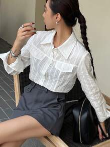 DAZY Women's Striped Turn Down Collar Short Fitted Shirt, White, Spring/Summer,Fall Clothes Long Sleeve Top - White - View 4