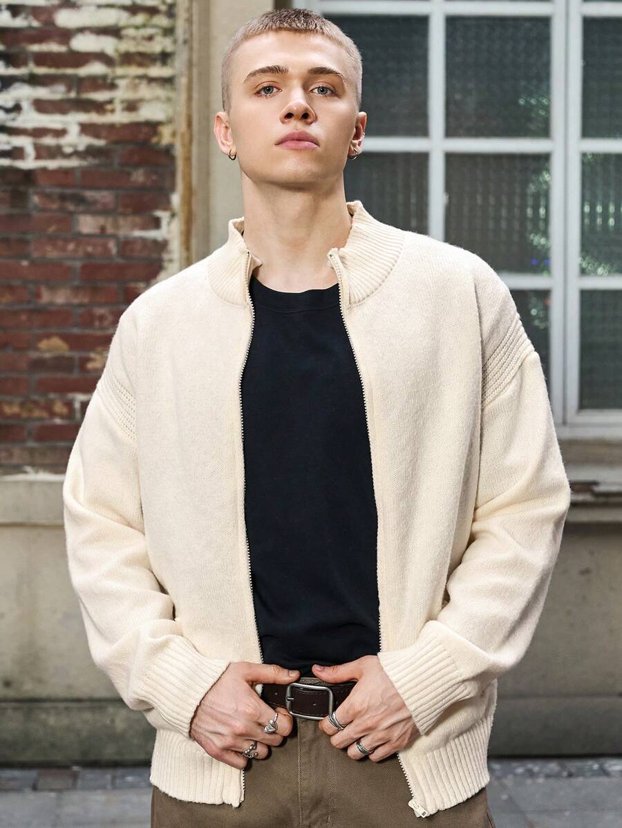 NEOSTRIT Men's Casual Solid Color Stand Collar Cardigan, Autumn & Winter - White - View 1
