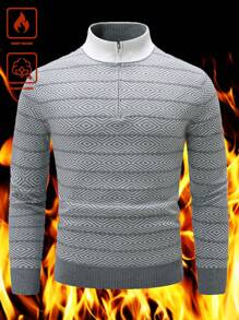 Manfinity Homme Men Color-Block Stripe Front Zipper Long Sleeve Graphic Casual Simple Knit Sweater, For Going Out, Husband - Grey - View 3
