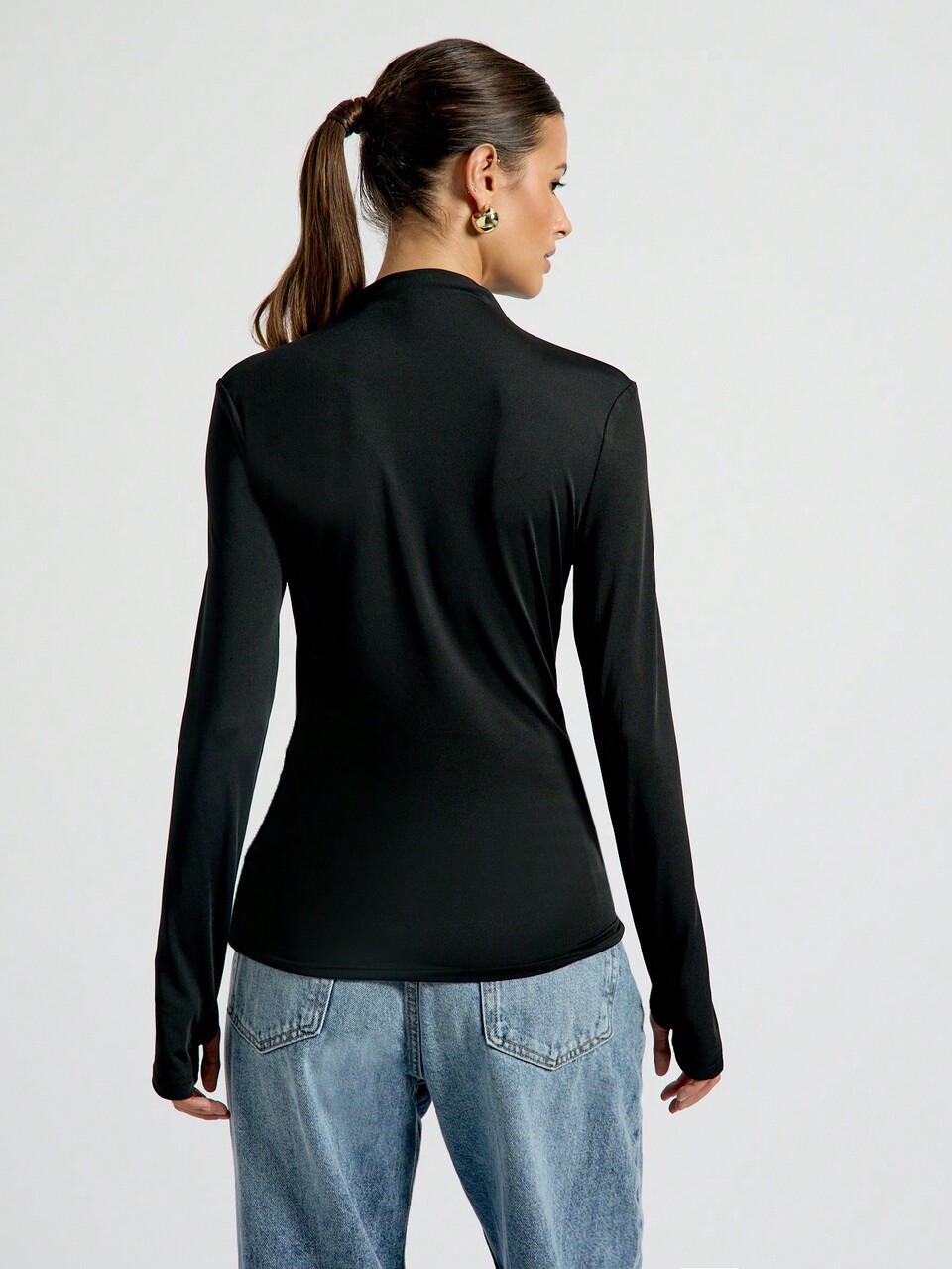 Jersey Polo Neck Long Sleeves Fitted Top