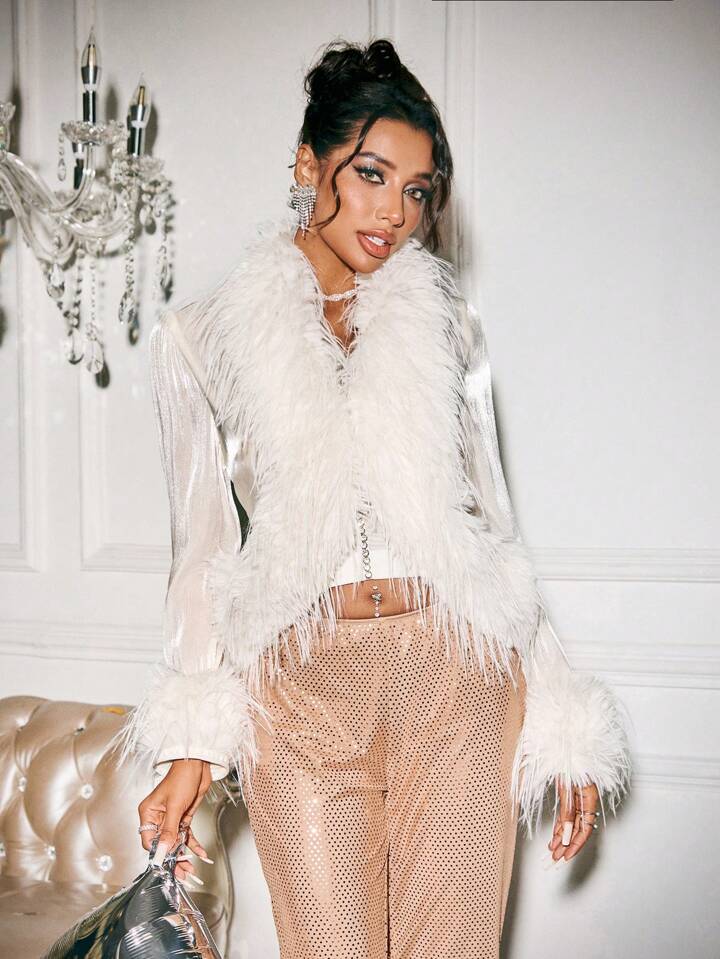 SHEIN SXY Feather Patchwork Sheer Party Top For Women