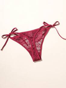 SHEIN 3件套女士纯色蕾丝透明侧系带丁字裤内衣，性感