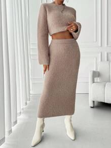 SHEIN Unity 2件套女士纯色圆领长袖露脐上衣和A字裙秋季套装 - 卡其色 - 查看 4